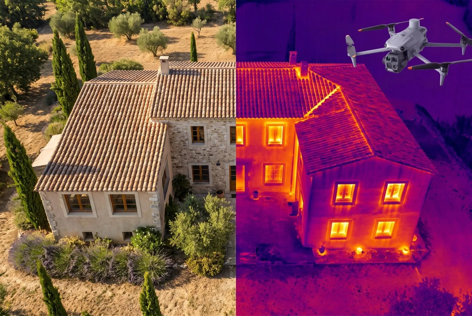 Bâtiment en vue normale et en vue thermique