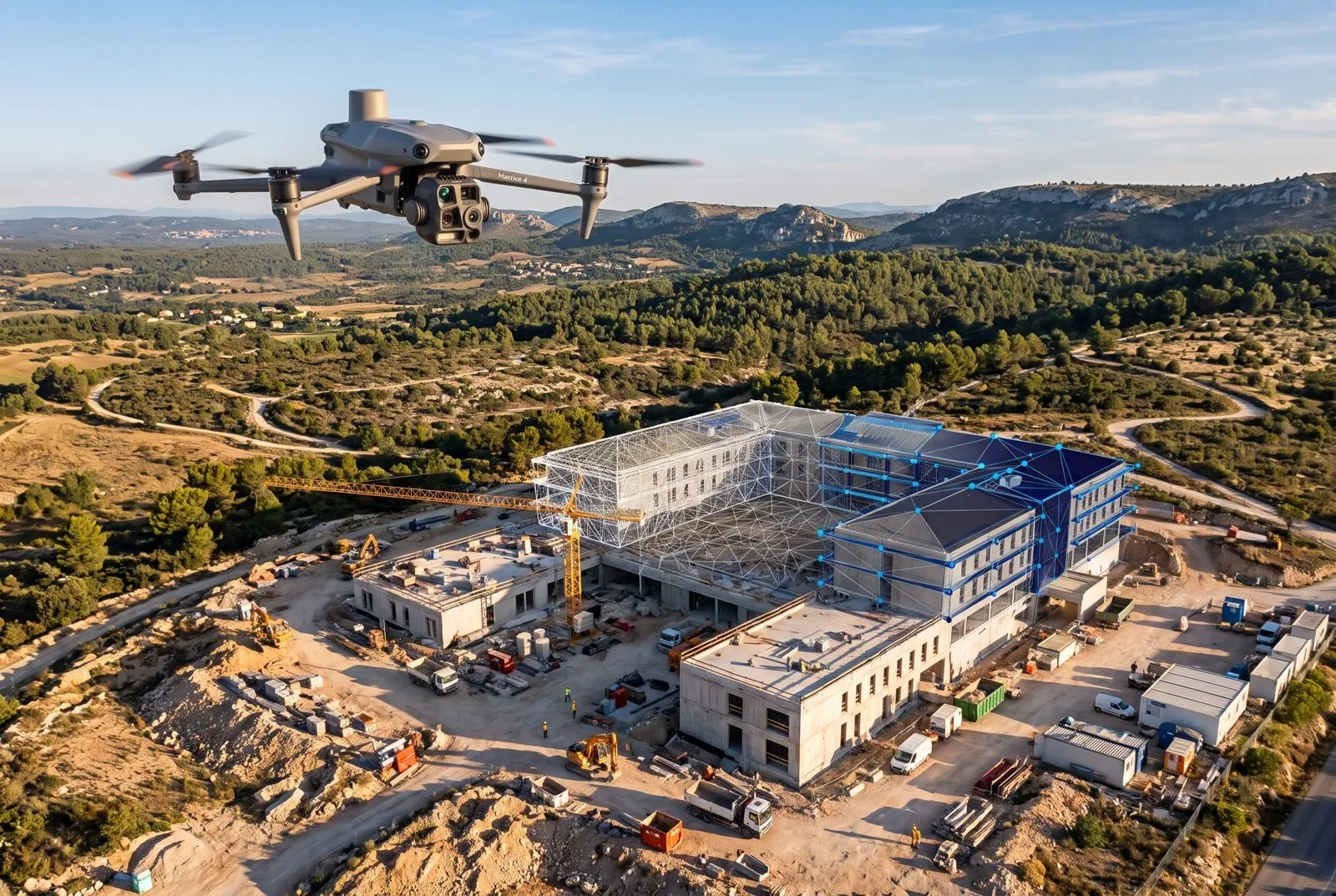 Drone de photogrammétrie au-dessus d'un chantier